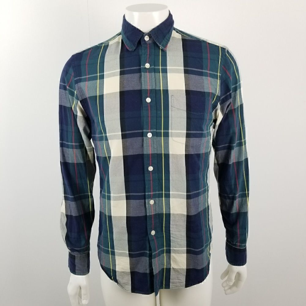 J. Crew Mens Blue Green Sunwashed Oxford Button Down Shirt in Plaid Size Small